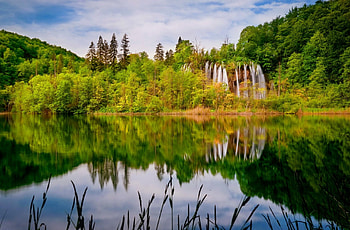 Reflections, mirror, beautiful, serenity, tranquil, lake, shore, reflection, waterfall, trees, sky, forest HD wallpaper