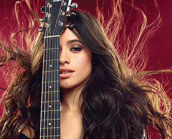 Camila Cabello, red, face, guitar, singer, actress, girl, woman, instrument, music HD wallpaper
