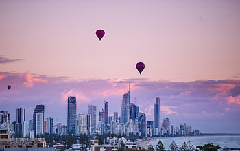 Cities, Sunset, City, Building, Balloon HD wallpaper