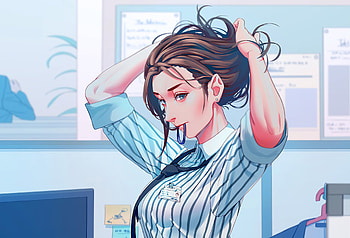 Office, anime girl, adjusting hairs, art HD wallpaper