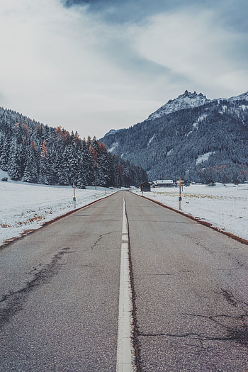 Road, Nature, Trees, Mountains, Snow, Markup HD phone wallpaper