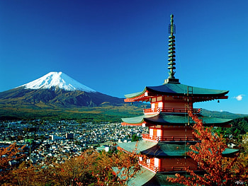 Blue Mount Fuji, temple, snow, nature, fuji, peak, mountain HD wallpaper