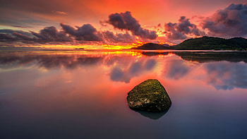 Lakeside Sunset, reflections, lake, colors, clouds, sky, rocks, water HD wallpaper