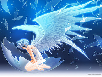 A new Angel Born, egg, blue hair, Angel, short haie, dress, sad, wind, born, anime, crack HD wallpaper