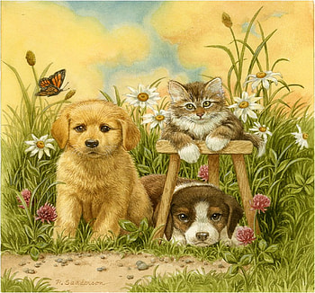 Cute puppies, animal, dog, puppy, painting, art, flower, cute, friend HD wallpaper