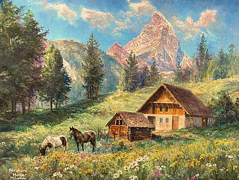 Alps Pasture, artwork, horses, painting, house, trees, flowers, meadow, mountains HD wallpaper