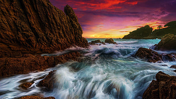Sunset at the southern spanish coast, mediterranean, sea, sky, rocks, colors HD wallpaper