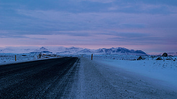 Nature, Mountains, Twilight, Snow, Road, Asphalt, Dusk HD wallpaper