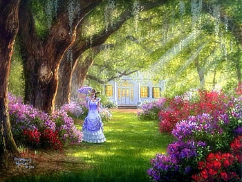 Lady Daydream, sunlight, attractions in dreams, garden, colors, paintings, spring, summer, love four seasons, lady, trees, nature, flowers, home HD wallpaper