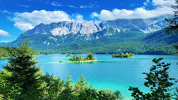 Eibsee, Grainau, Germany, clouds, trees, Bavaria, sky, mountains, water HD wallpaper