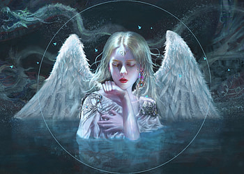 Angel, blue, wings, zhuang qi, white, frumusete, art, fantasy, luminos, water HD wallpaper