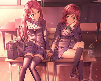 Blushing Touch, Nishikino, Anime Friends, School Bag, Holding Hands, Smile, Riko Sakurauchi, Maki, Sakurauchi, Blushing, Maki Nishikino, Anime Girl, Anime Couple, Riko, Classroom, Purple Hair, Friends, Anime, School Desk, Seifuku, Redhead, Petals, School Uniform, Couple, Long Hair, Red Hair, Love Live School Idol Project HD wallpaper