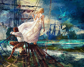 Fantasy couple, wreck, blue, sea, frumusete, olga tereshenko, ship, art, girl, summer, wind, fantasy, couple, luminos, water, vara HD wallpaper