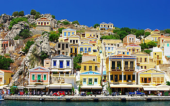 Greece, sea, coast, people, houses, buildings, sky, mountains, water HD wallpaper