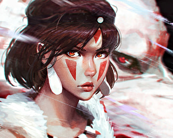 Princess Mononoke, animal, white, guweiz, art, girl, wolf, mononoke, woman, fantasy, red, princess HD wallpaper