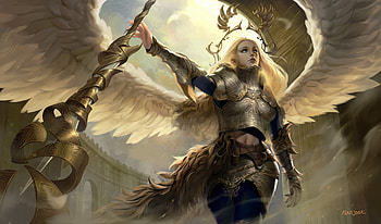Angel, golden, wings, frumusete, nanjook, fantasy, valkyrie, girl, armor HD wallpaper