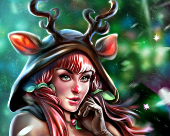 Rudy, horns, craciun, art, girl, crisdelaraart, woman, fantasy, green, christmas, red HD wallpaper