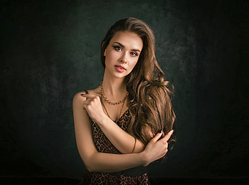 Pretty woman, long hair, brunette HD wallpaper