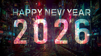 Neon 2026: Happy New Year — Futuristic Quad, Happy New Year, Happy New Year 2026, 2026, Neon Sign, Futuristic HD wallpaper