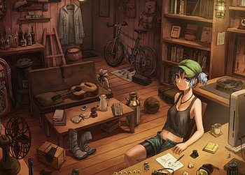 Nitori Kawashiro workshop , instrument, heads, anime, weapon, touhou, guitar HD wallpaper