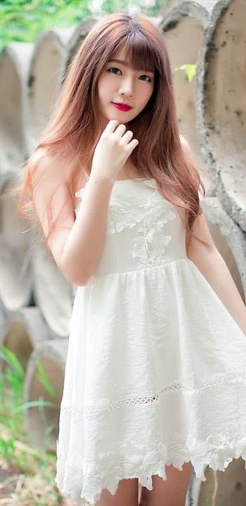 brunette, white dress, woman, asian HD phone wallpaper