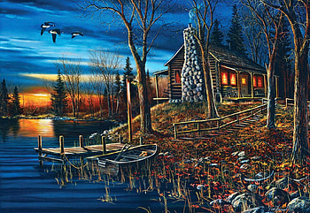Complete Serenity, artwork, boat, painting, sky, cabin, lake, sunset, evening, trees HD wallpaper