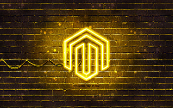 Magento yellow logo, , yellow brickwall, Magento logo, brands, Magento neon logo, Magento HD wallpaper