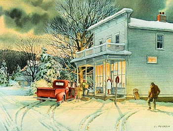 Village Store, winter, painting, car, snow, house, people HD wallpaper