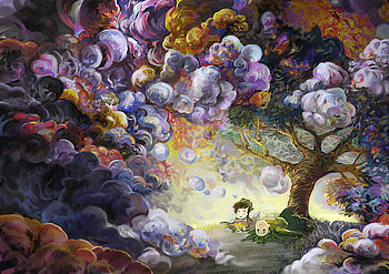 blue_clouds, blue, anime, 3d, art, childs, clouds, tree HD wallpaper