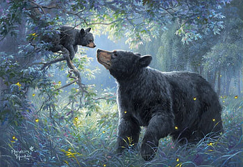 Moonlight Kisses, artwork, pup, bear, painting, trees, forest HD wallpaper