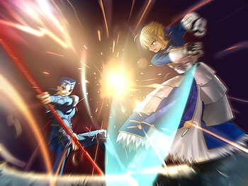 Saber vs Lancer, blue, gae bolg, fate stay night, saber, anime, lancer, battle, red, game, clash, invincible air HD wallpaper