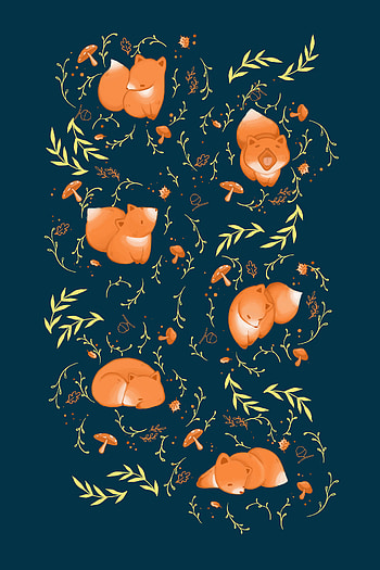 Art, Leaves, Mashrooms, Fox, Acorns, Pattern, Branches HD phone wallpaper