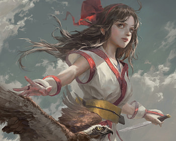 Fantasy girl, girl, bird, hawk, fantasy, art, zhang shu HD wallpaper