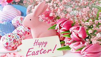 Happy Easter, digital, art, blossoms, eastereggs, flowers, spring, tulips, rabbit HD wallpaper