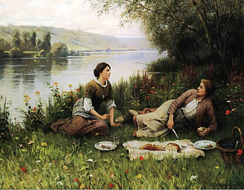 Normandy garden aka le gouter, by Daniel Ridgway Knight, painting, art, field, nature, people, woman, daniel ridgway knight HD wallpaper