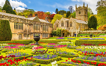 St Hydroc Church, Cornwall, England, flowers, blossoms, colors, building, garden, trees HD wallpaper