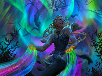 Esika of the tree, luminos, girl, aurora, blue, colorful, night, art, fantasy, lights, green, esika, johannes voss, johannes viss HD wallpaper