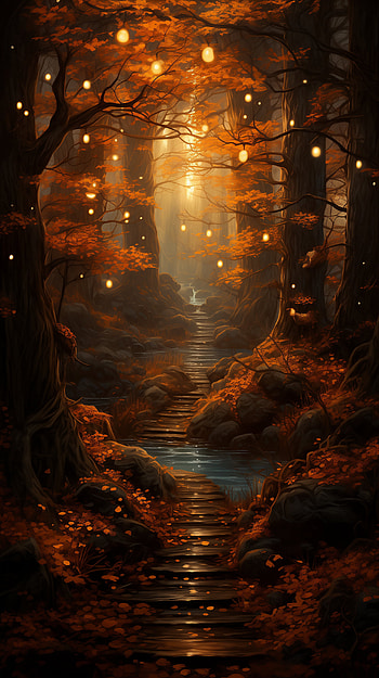 Enchanted Autumn Forest Path - , Autumn, path, forest, lantern, glow HD phone wallpaper