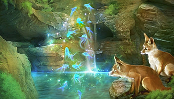 Fantasy Land and Foxes, digital, Fish, fantasy land, foxes, rocks, Fantasy, pond HD wallpaper
