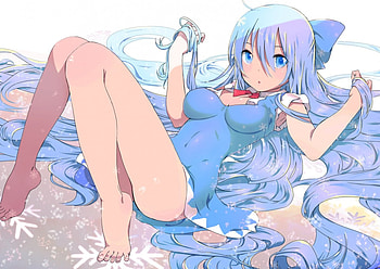 Touhou, winter, blue, cute, long hair, dress, beauty, lady, snowflakes, snow, sexy, sweet, white, ribbon, girl, beautiful, woman, tie, anime, pretty, lovely HD wallpaper