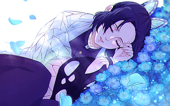 Sleeping Kochou Shinobu, blue flowers, Demon Hunter, kimono, Kochou Shinobu, Kimetsu no Yaiba, Demon Slayer, artwork, manga, Shinobu Kocho, Giyu Tomioka HD wallpaper