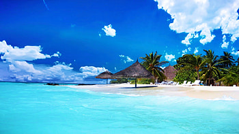 White Sands Beach at Bora Bora, sea, umbrellas, tropical, clouds, sky, palm trees HD wallpaper