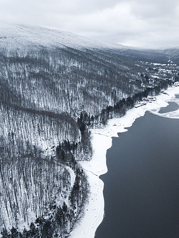 Winter, Nature, Water, View From Above, Shore, Bank, Forest, Grey HD phone wallpaper