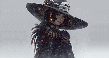 Woman in black, big hat, artwork HD wallpaper