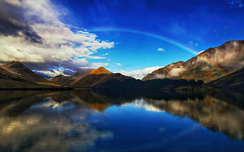 Rainbow over Moke Lake, Queenstown, New Zealand, clouds, sky, mountains, water, reflections HD wallpaper