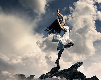 Brunette Girl Dancing On Mountain Top Clouds, brunette, girls, dancing, clouds HD wallpaper