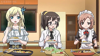 Yummy Food, blond hair, blonde, yukimura, cute, kitchen, long hair, sena, boku wa tomodachi ga sukunai, eat, yummy, short hair, blonde hair, adorable, female, rika, table, blond, kashiwazaki sena, delicious, sena kashiwazaki, eating, girl, food, kawaii, transgender, anime girl, maid, anime, brown hair HD wallpaper