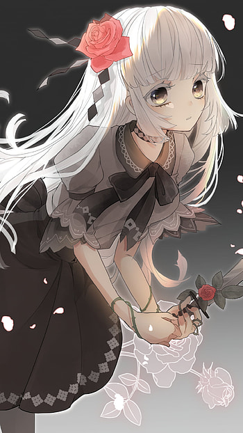 Elegant Anime Girl with White Hair and Rose – Perfect , rose, white hair, long hair, Anime, girl, anime girl HD phone wallpaper