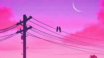 Birds Sitting On Electric Power Poles Lines Twilight , birds, twilight, moon, pink, artist, artwork, digital-art HD wallpaper