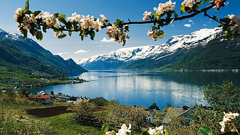 Spring at the lake, blossoms, landscape, sky, appletree, houses, mountains, village HD wallpaper